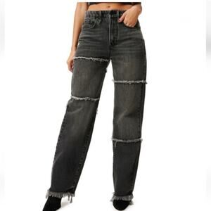 Good American Good '90s Straight Leg High-Rise Frayed Seam Jeans Faded Black 10
